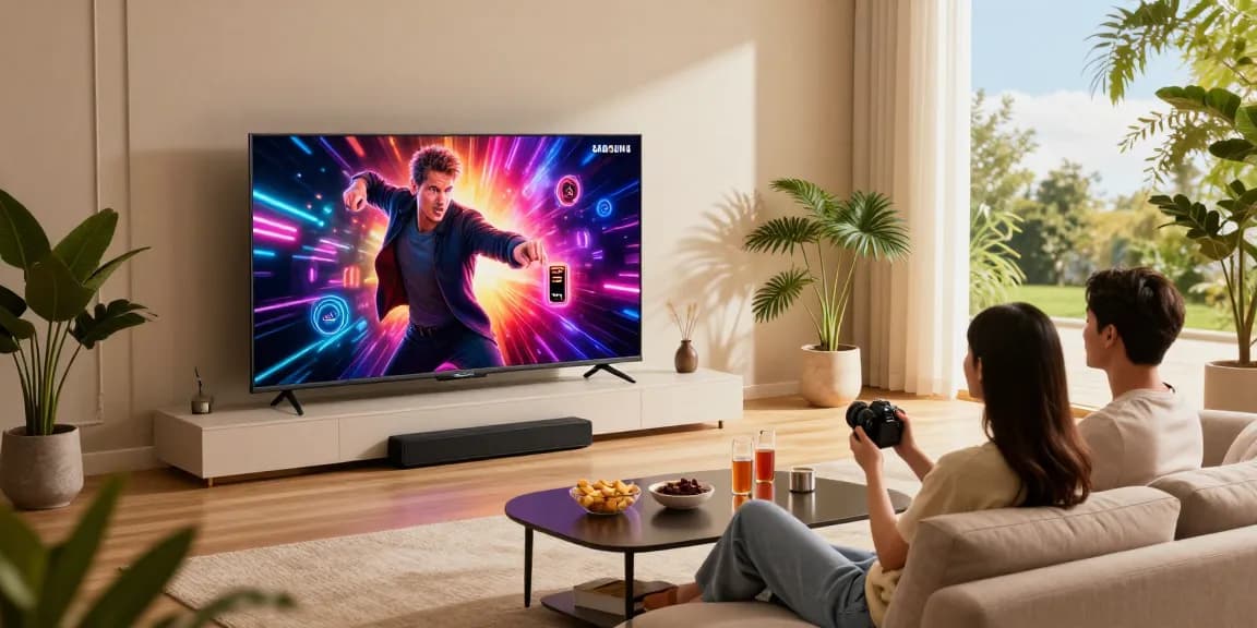 Engaging living room scene featuring a Samsung Micro RGB TV showcasing vibrant colors, with a couple enjoying a movie in a cozy, modern setting.