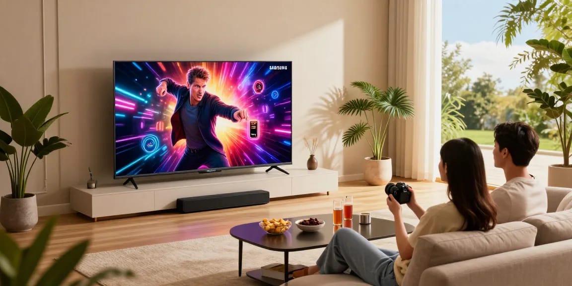 Engaging living room scene featuring a Samsung Micro RGB TV showcasing vibrant colors, with a couple enjoying a movie in a cozy, modern setting.