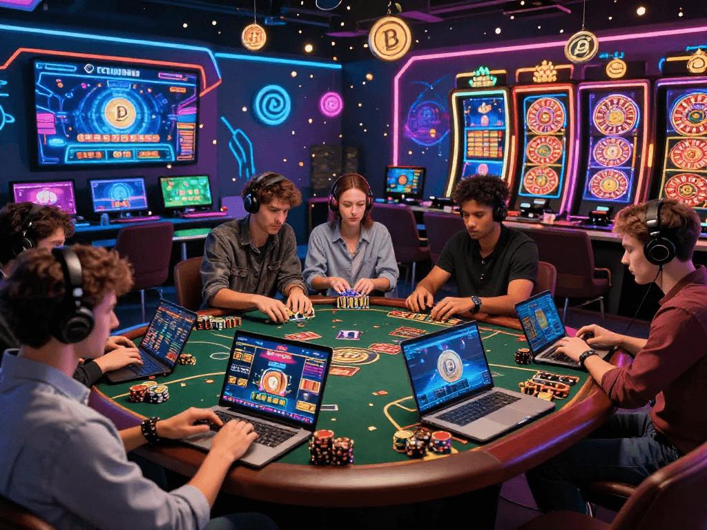 Exciting scene in a crypto casino showing diverse players engaged in various digital games.