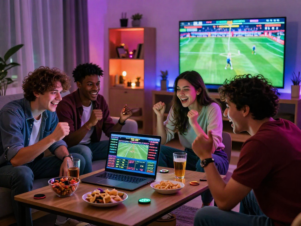 Enthusiastic group engaging in 토토사이트 검증 먹튀스팟 while enjoying a lively betting session at home.