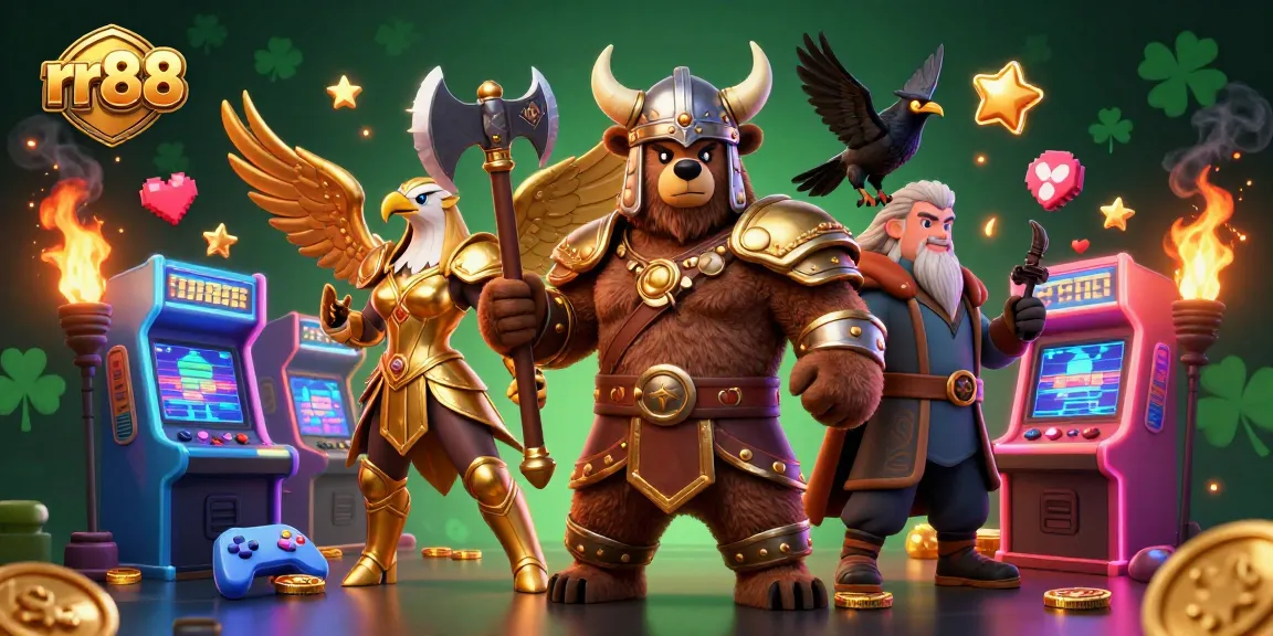 Engage with rr88's vibrant gaming scene featuring a Viking bear and arcade elements in a dynamic casino setting.