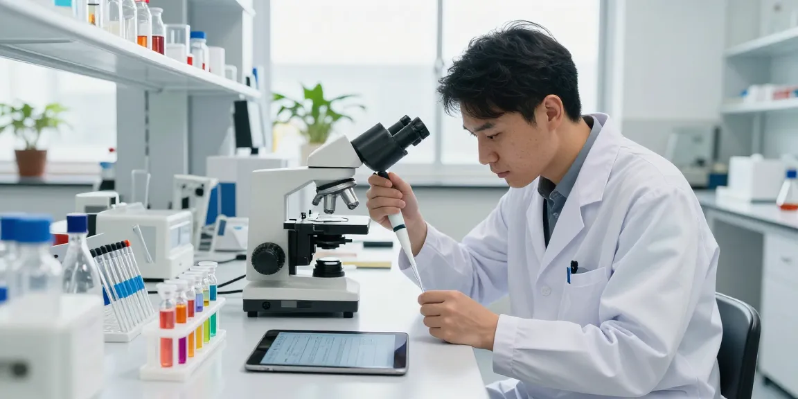 Research peptides from Koi Aminos analyzed by a scientist in a vibrant lab setting.