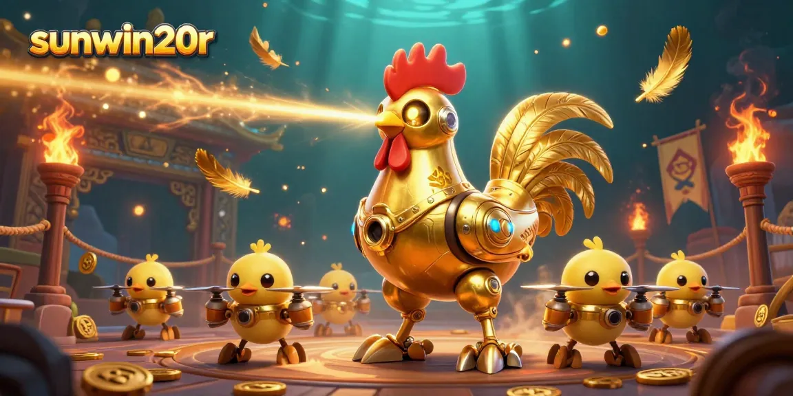 Experience the thrill of gaming with sunwin20r, featuring a golden rooster robot and lively chick drones.