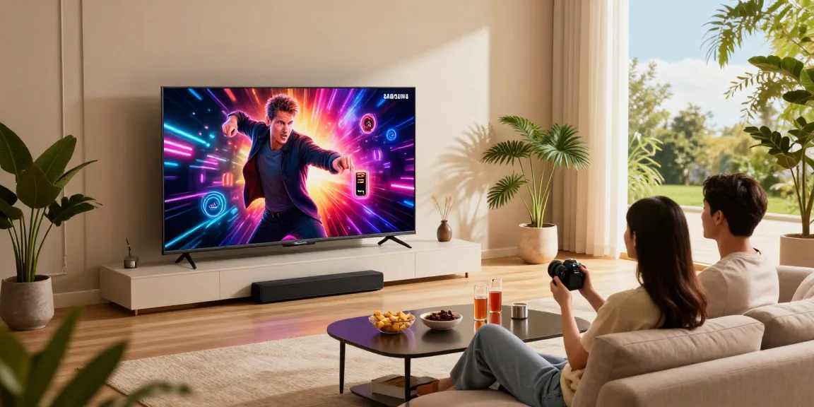 Engaging living room scene featuring a Samsung Micro RGB TV showcasing vibrant colors, with a couple enjoying a movie in a cozy, modern setting.