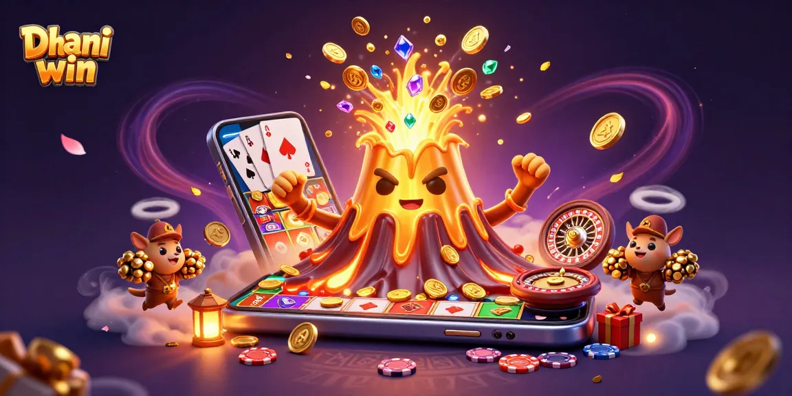 Dhani win casino scene featuring a triumphant golden volcano, fleeing animals, and vibrant gaming elements.