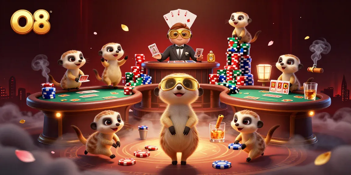 Experience the vibrant action at O8's casino with meerkats managing games and sneaking chips.