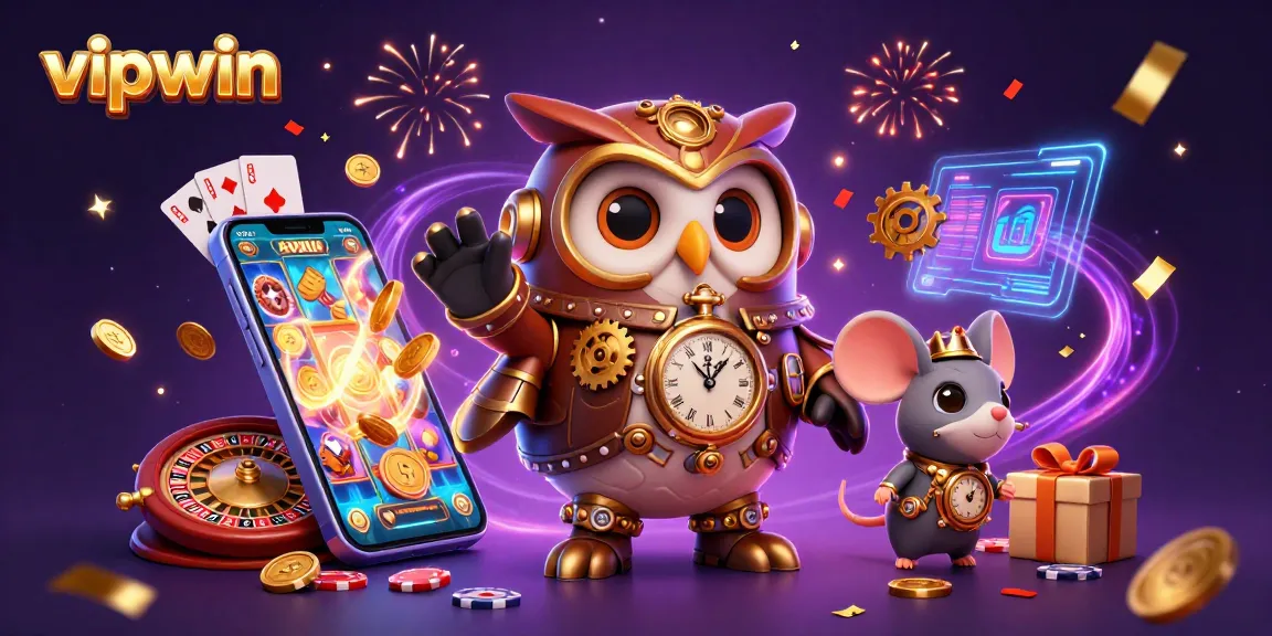 Experience thrilling gameplay at vipwin with a lively scene of a steampunk owl and casino elements.
