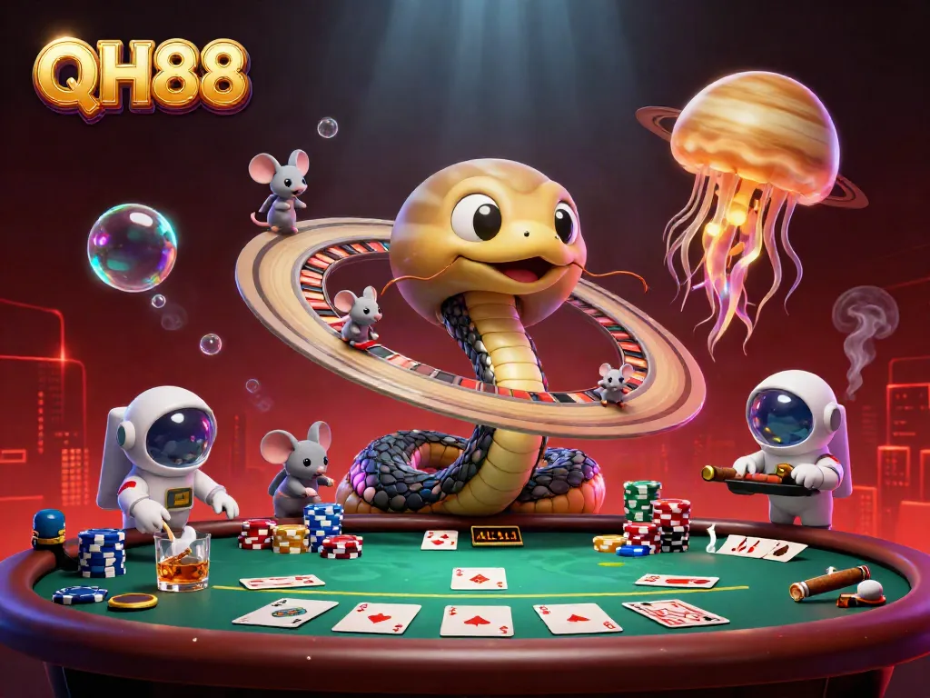 Experience QH88's thrilling casino excitement with astronaut mice betting in a cosmic roulette scene.