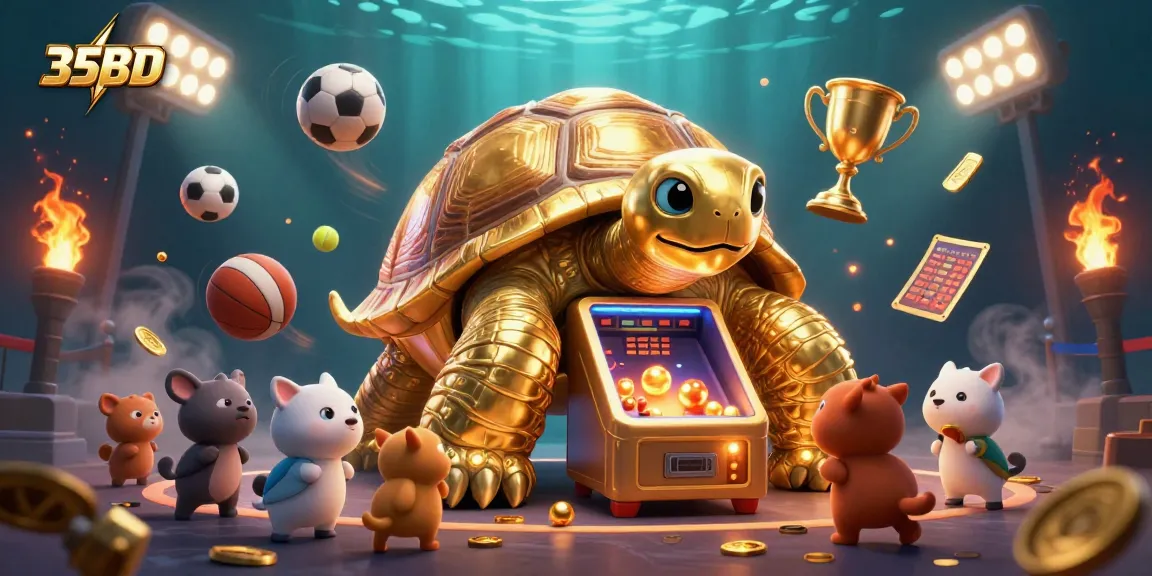 35BD showcases animated fun with a golden tortoise pinball machine and vibrant sports elements.