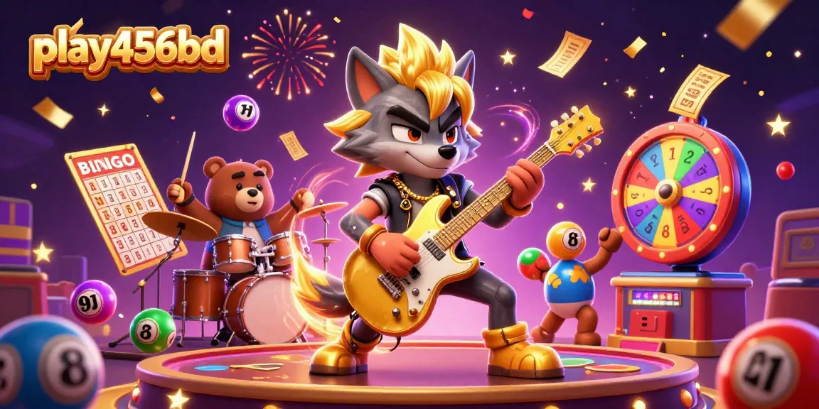Experience the thrills at play456bd with a vibrant casino illustration featuring a rocking wolf and dynamic game elements.