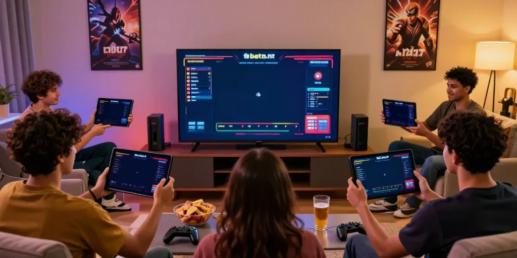 Friends engaging in betting games using 11bet-app.net in a lively living room.