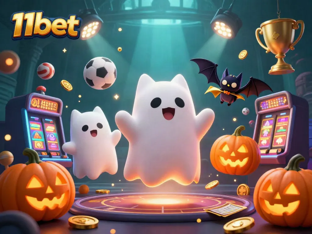 Immerse in 11bet's vibrant casino adventure as the ghost cat and bat embrace winning moments with glowing slots and sports.