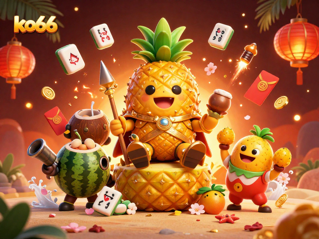 Experience the thrill of ko66 with a lively beach casino scene featuring a golden pineapple king and festive elements.