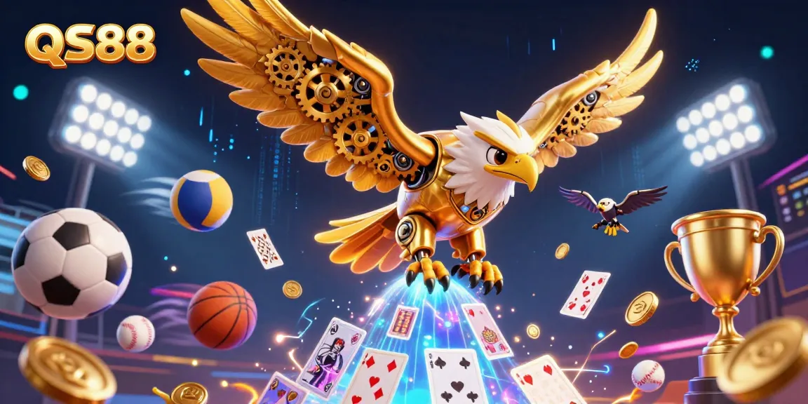 Experience thrilling sports betting with QS88, featuring a dynamic golden eagle and sports elements.