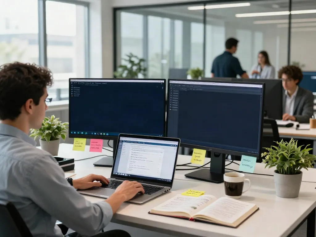 Your domain name registration scene with a professional at a sleek workstation and dual monitors