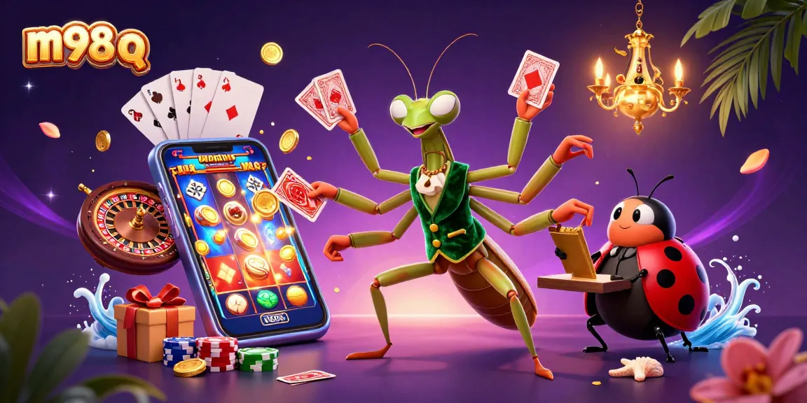 Play vibrant slot games in a lively scene with the m98 q brand, showcasing excitement and fun in gambling.