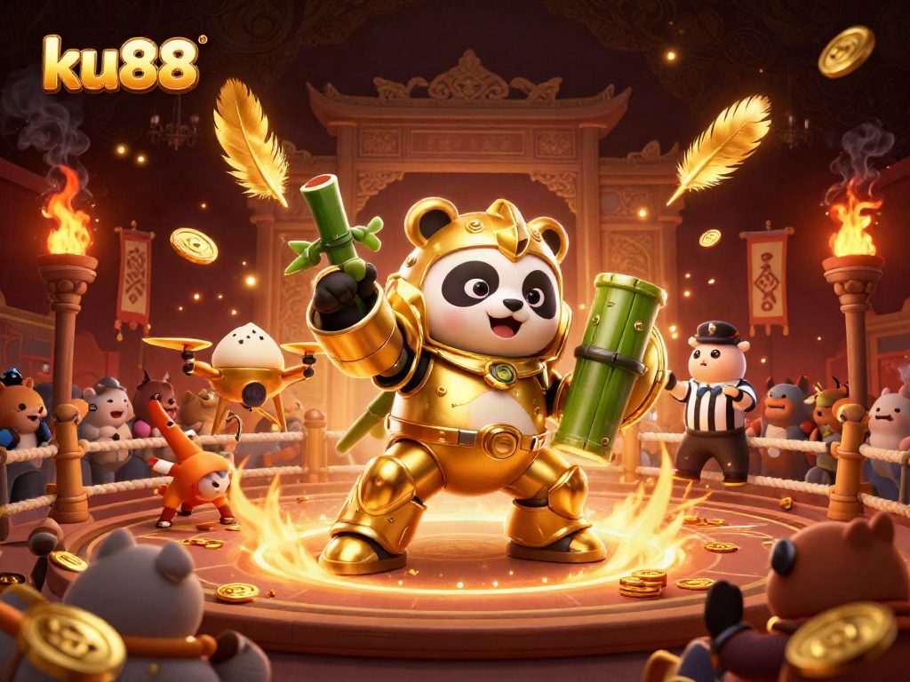 Join the thrilling ku88 gambling action with a mech-suit panda battling in a vibrant casino arena.