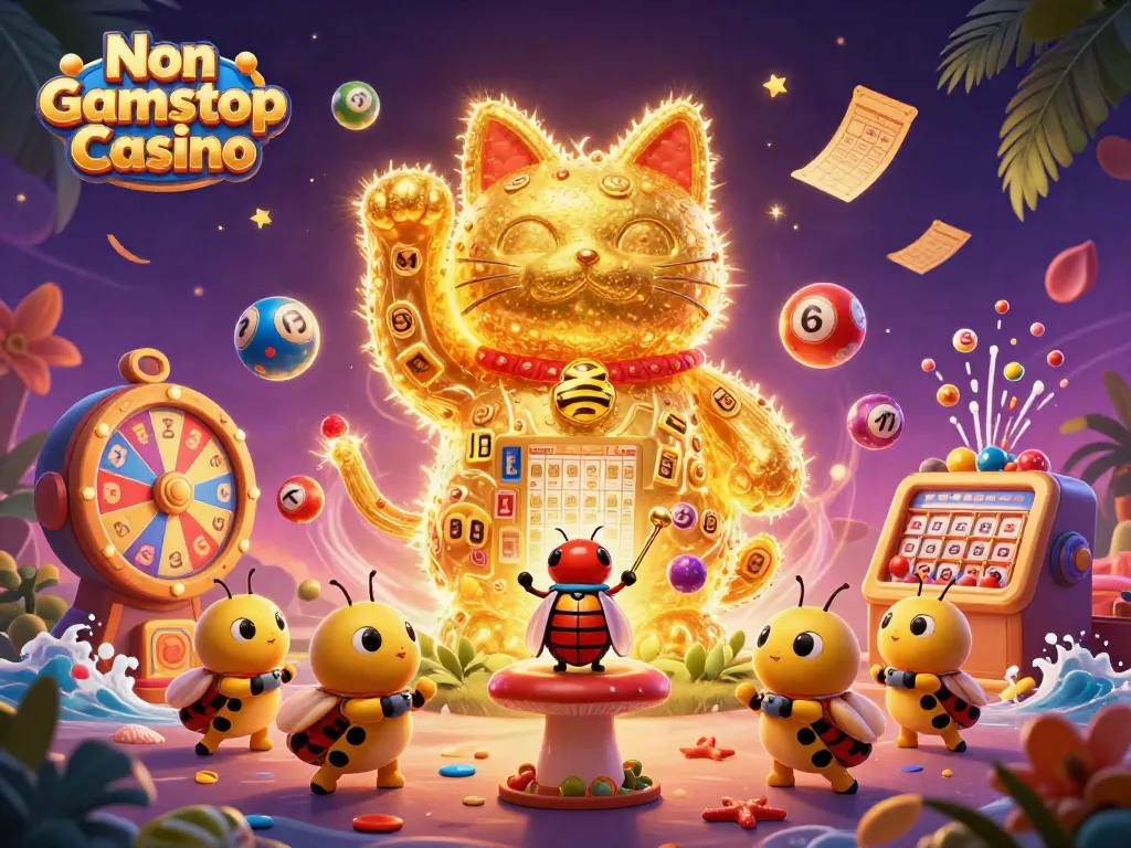 Experience excitement at Non Gamstop Casino with vibrant 3D art showcasing dynamic gaming elements.