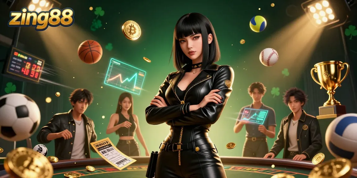 Experience thrilling action at zing88 with a stunning Asian woman in a sleek outfit amidst dynamic casino elements.