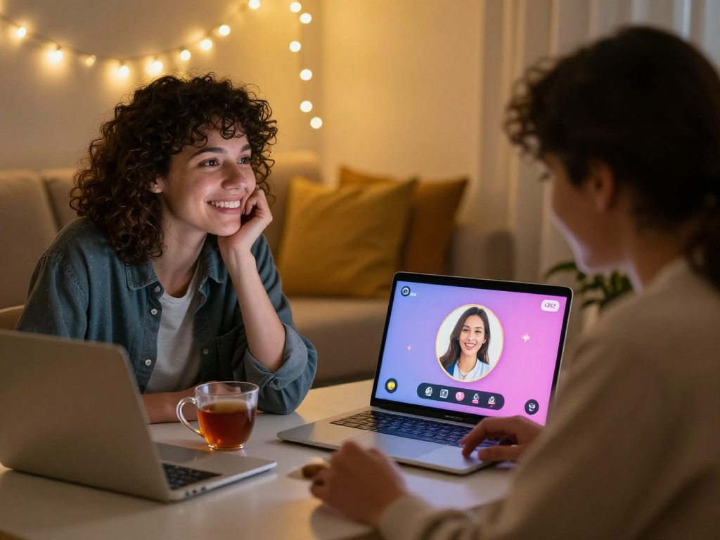 Couple enjoying a sex chat AI experience in a cozy setting, sharing warmth and connection through technology.