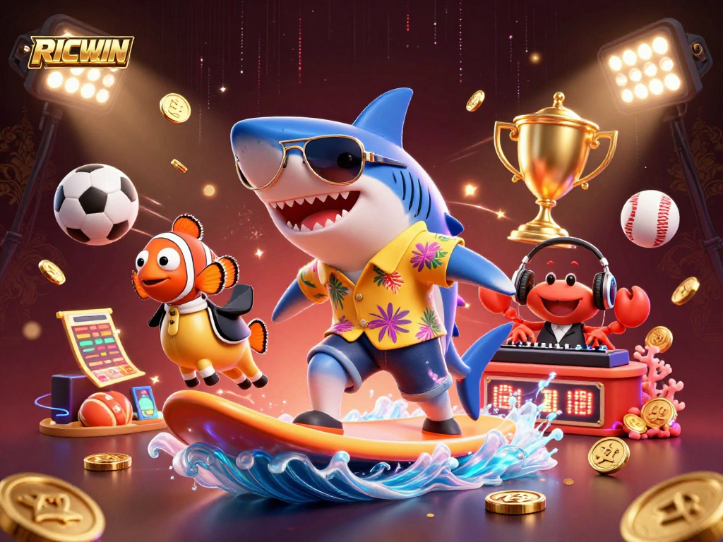Engage in RICWIN and win big with this vibrant casino-themed illustration featuring a shark, clownfish, and crab.