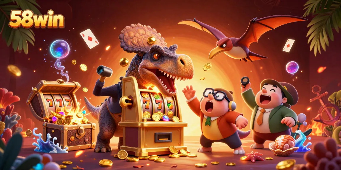 Experience the excitement of winning big at 58win with dynamic jackpot action featuring casino-themed dinosaurs.
