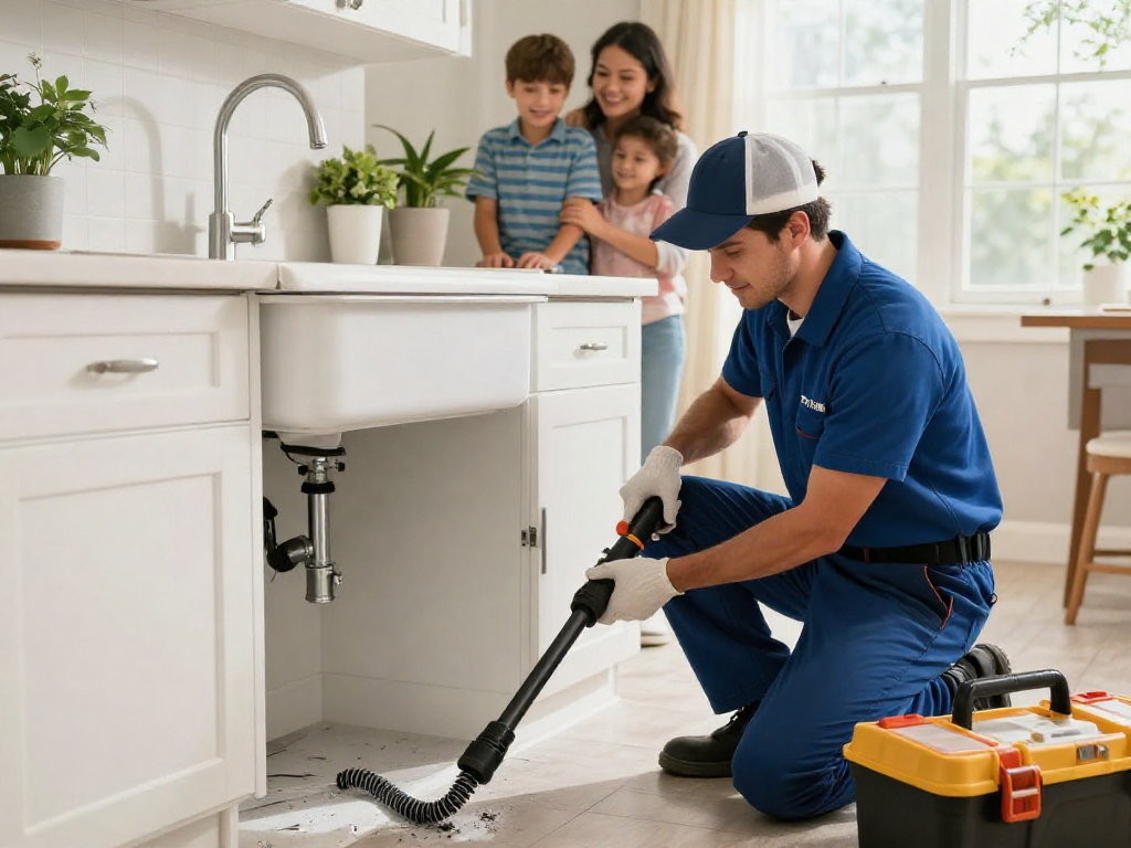 Professional drain cleaning Fort Worth service in a family home kitchen with a plumber unclogging a sink.