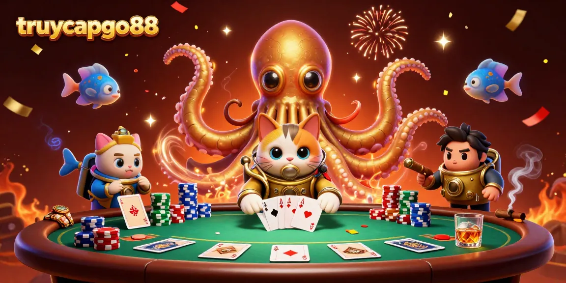 Engage with truycapgo88 through this vibrant casino illustration showcasing a kraken, diving cat, and glowing fish amidst poker excitement.