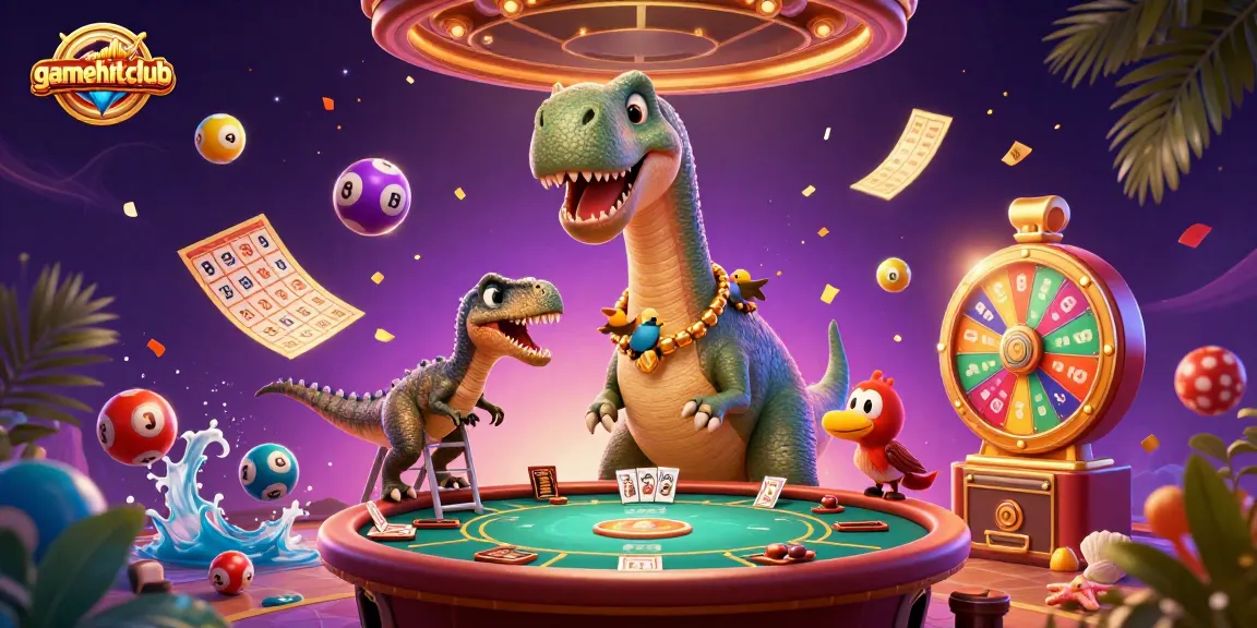 Experience excitement at gamehitclub with a vibrant 3D casino scene featuring a brontosaurus dealer.
