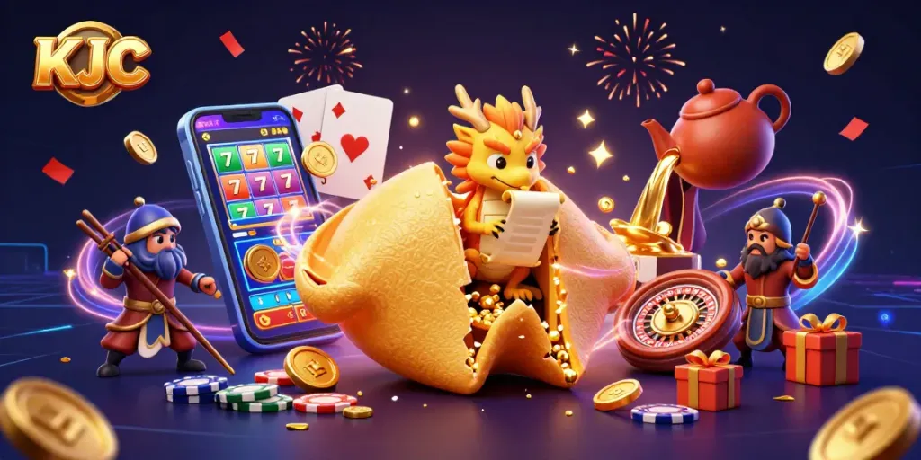 KJC players reveal hidden treasures in a colorful slot game with vibrant characters and gold coins.