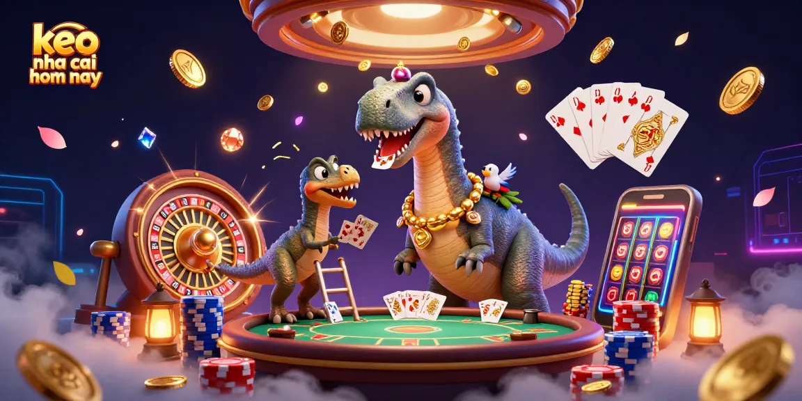 Engage with keo nha cai hom nay featuring a whimsical casino scene with a brontosaurus and a clever raptor.