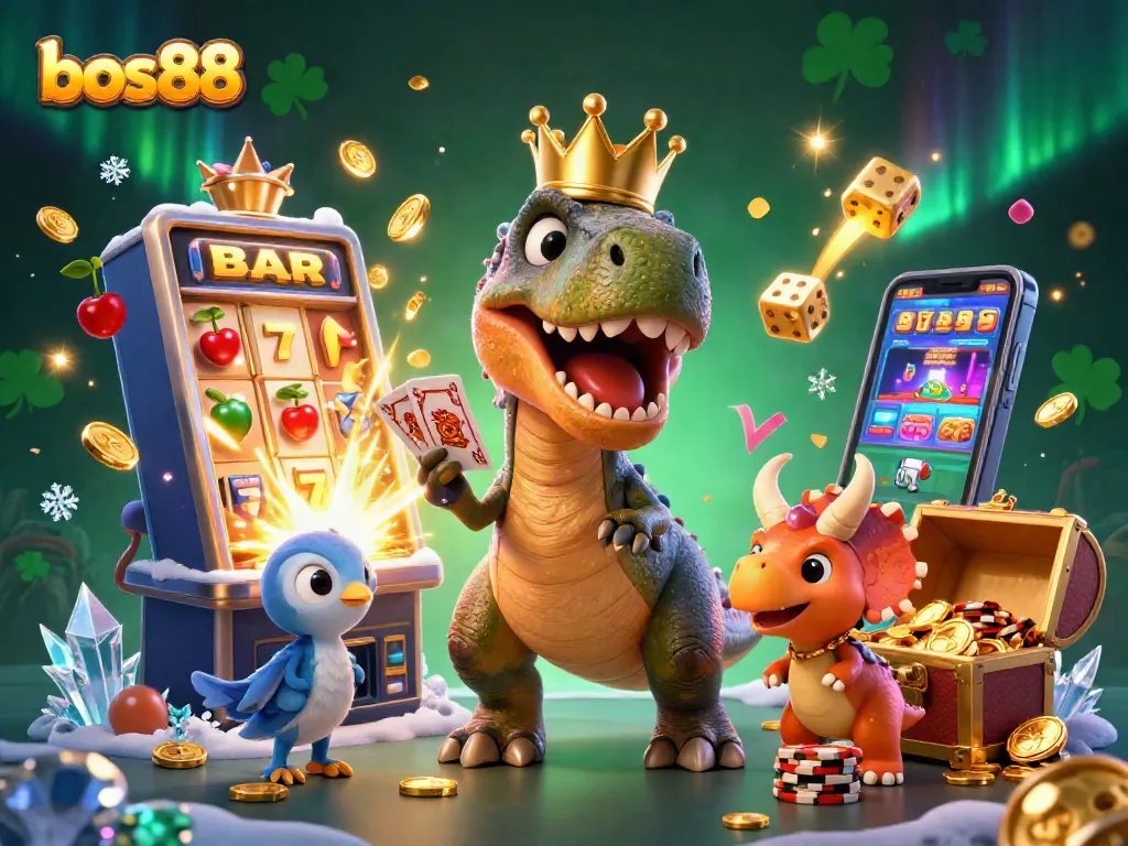 Experience the excitement of bos88, where a T-Rex and friends engage in thrilling casino fun with chips and cards.