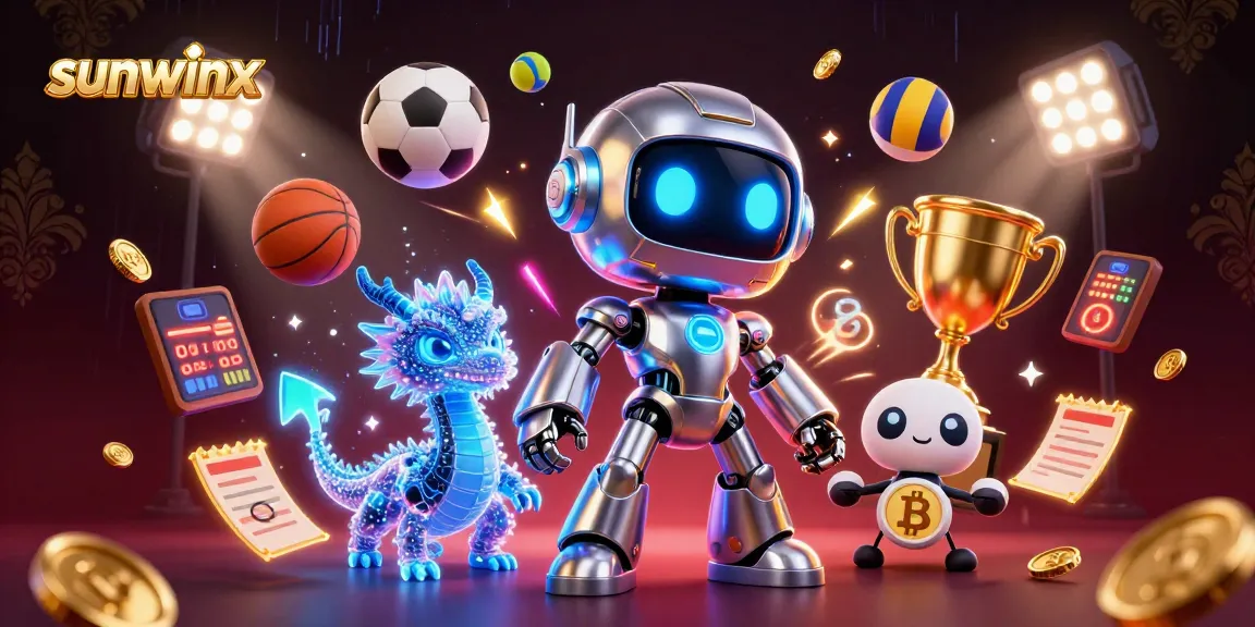 Experience the excitement of sunwinx with a dynamic 3D illustration featuring a cyberpunk robot, AI dragon, and sports elements.