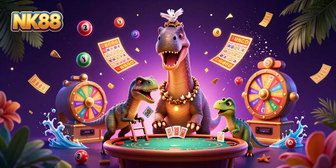 NK88 engages players with vibrant lottery balls and lively casino action in a dynamic scene.
