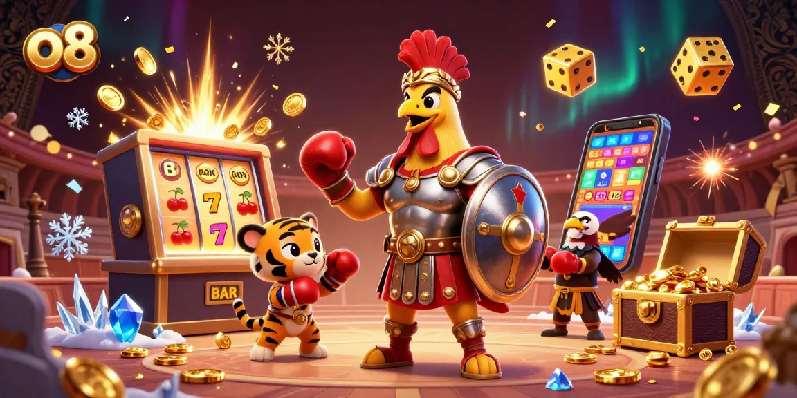 Experience thrilling gameplay at o8 with a vibrant casino scene featuring a gladiator rooster and lively elements.