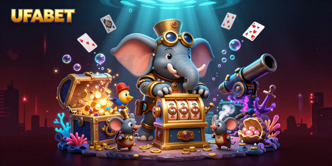 Win big with UFABET, as steampunk characters engage with vibrant slot machines and underwater treasures.