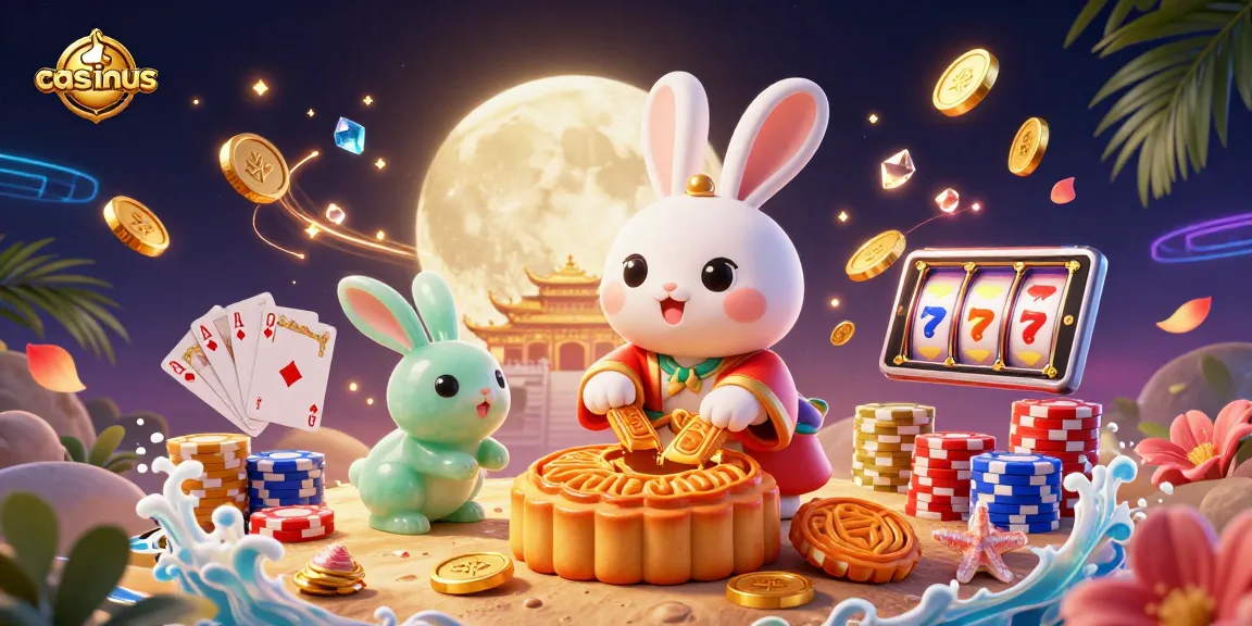 Experience casinous magic with the moon rabbit revealing poker chips amidst casino elements.