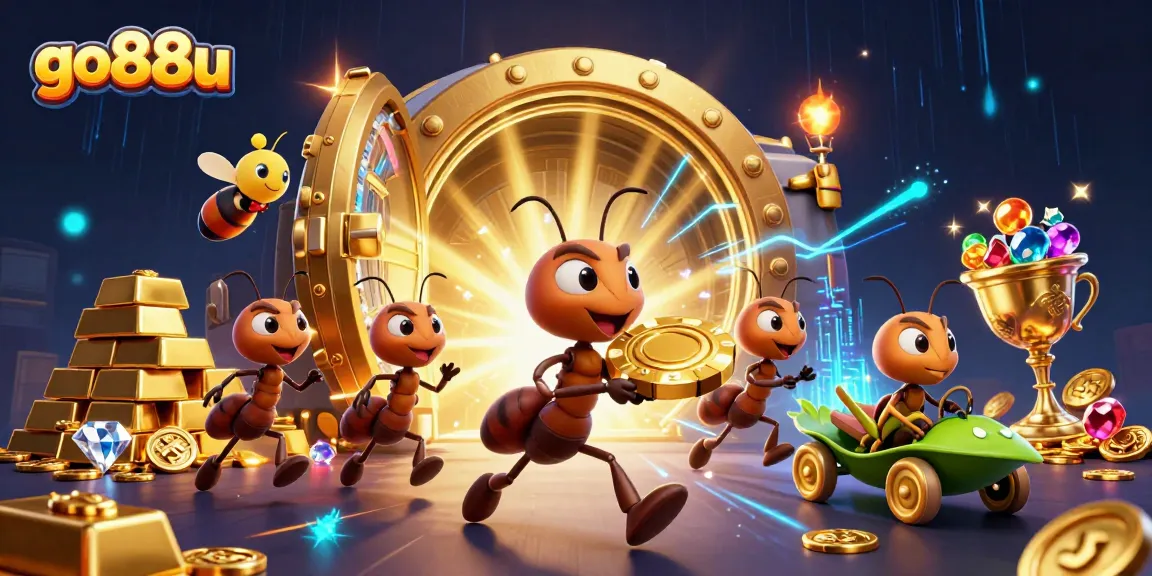 Experience the go88u heist adventure with the ant team carrying a giant poker chip.
